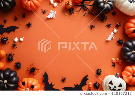 Halloween banner image with orange background. Copy space for pumpkins and decorations 118167212