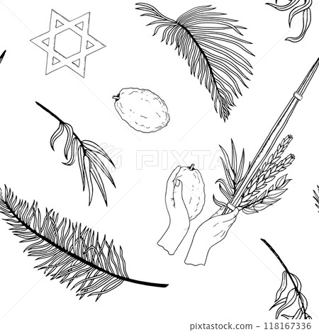 Sukkot symbols vector seamless pattern in black and white for traditional Jewish holiday with line traditional plants, Etrog, palm leaves and stars of David 118167336