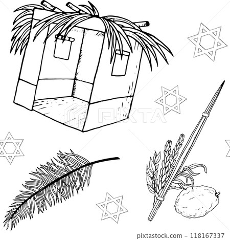 Sukkah with palm leaves and stars of David black and white vector seamless pattern. Sukkot symbolic plants for Jewish holiday with line traditional species and Etrog Sukkah with palm leaves and stars of David black and white vector seamless pattern. Sukkot symbolic plants for Jewish holiday with line traditional species and Etrog 118167337