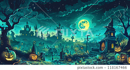 Illustration of Halloween castle and pumpkin lanterns under the moonlight 118167466