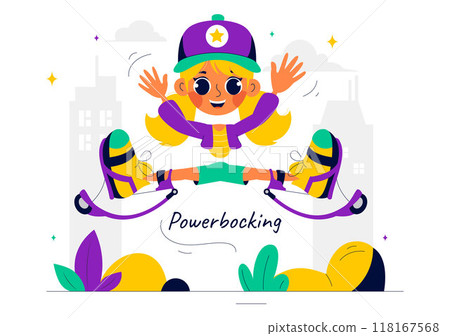 Vector Illustration of Powerbocking Sport featuring Athletes Wearing Jumping Stilts, Running, and Performing Various Acrobatic Stunts in a Background 118167568