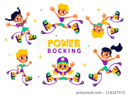 Vector Illustration of Powerbocking Sport featuring Athletes Wearing Jumping Stilts, Running, and Performing Various Acrobatic Stunts in a Background 118167573