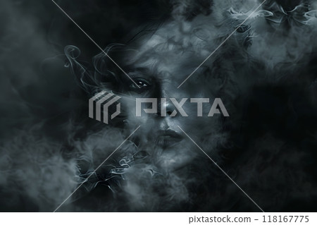 煙霧繚繞的鬼魂，形象恐怖的女人。鬼照片。 118167775