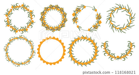 Big collection of sea buckthorn berry wreaths with green leaves, depicting circular compositions of the vibrant orange berries and luxuriant foliage. Big collection of sea buckthorn berry wreaths with green leaves, depicting circular compositions of the vibrant orange berries and luxuriant foliage. 118168021