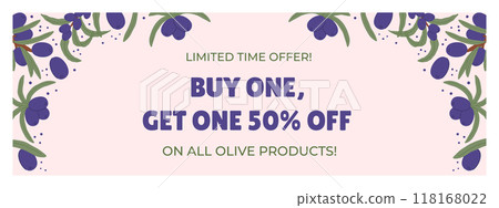Promotional Horizontal Banner with Purple Olive Branches and Green Leaves. Highlight special offer on all products, emphasizing premium quality products Promotional Horizontal Banner with Purple Olive Branches and Green Leaves. Highlight special offer on all products, emphasizing premium quality products 118168022