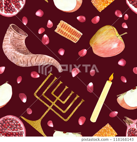 Shofar, apple, pomegranate, honeycomb, menorah, candle watercolor set on dark brown background. High quality hand painted elements perfect for Rosh Hashanah, Yom Kippur textile, scrapbook, packaging Shofar, apple, pomegranate, honeycomb, menorah, candle watercolor set on dark brown background. High quality hand painted elements perfect for Rosh Hashanah, Yom Kippur textile, scrapbook, packaging 118168143