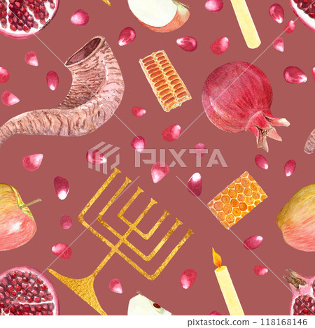 Rosh Hashanah, Yom Kippur, Hanukkah hand painted watercolor seamless pattern on dusted pink. Perfect for wrapping paper, packaging. Jewish tradition clip art. Shofar, apple, pomegranate, menorah Rosh Hashanah, Yom Kippur, Hanukkah hand painted watercolor seamless pattern on dusted pink. Perfect for wrapping paper, packaging. Jewish tradition clip art. Shofar, apple, pomegranate, menorah 118168146