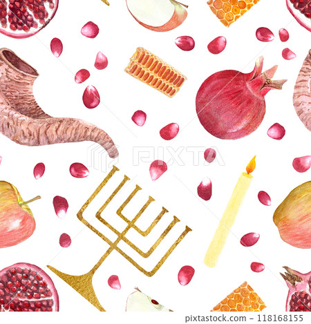 Rosh Hashanah, Yom Kippur, Hanukkah hand painted watercolor seamless pattern isolated on white. Perfect for wrapping paper, packaging. Jewish tradition clip art. Shofar, apple, pomegranate, menorah 118168155