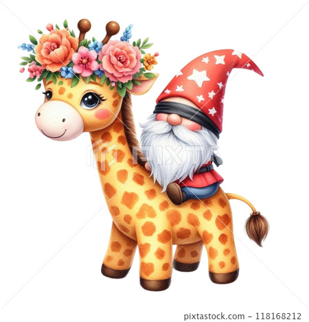 Giraffe and cute Gnome Clipart Watercolor  118168212