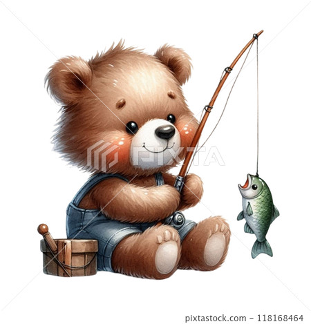 Cute bear sitting fishing Clipart Watercolor  118168464