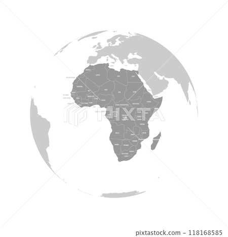 Africa continent dark blue highlighted silhouette on Earth globe. Country name labels visible. Vector illustration 118168585