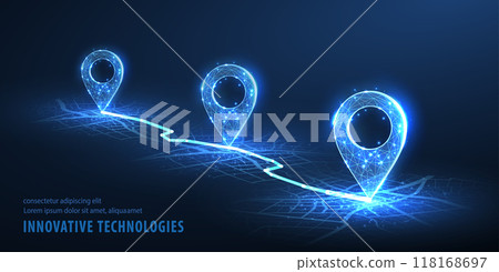 GPS. Abstract vector three pin icons on blue city map with white line connection 118168697