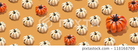 Pumpkins pattern creative on orange background long banner minimal, white and orange pumpkins 118168709