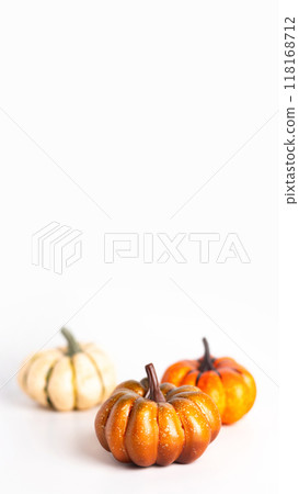 Colorful pumpkins on white background banner vertical. Copy space Colorful pumpkins on white background banner vertical. Copy space 118168712