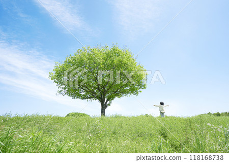 A child standing on a grassy plain with a single tree Clean energy, environmental problems, ecology, and global warming image A child standing on a grassy plain with a single tree Clean energy, environmental problems, ecology, and global warming image 118168738