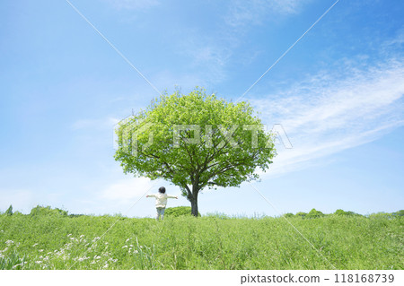 A child standing on a grassy plain with a single tree Clean energy, environmental problems, ecology, and global warming image A child standing on a grassy plain with a single tree Clean energy, environmental problems, ecology, and global warming image 118168739