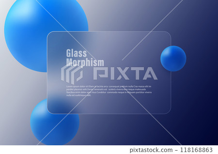 Glass morphism website landing page template. Presentation screen with glass overlay effect on floating gradient spheres. Frosted glass effect on dark background. Glass morphism website landing page template. Presentation screen with glass overlay effect on floating gradient spheres. Frosted glass effect on dark background. 118168863