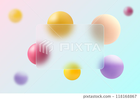 Glass morphism website landing page template. Presentation screen with glass overlay effect on floating gradient color spheres. 118168867