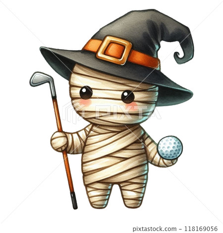 Cute mummy holding a golf club clipart watercolor 118169056