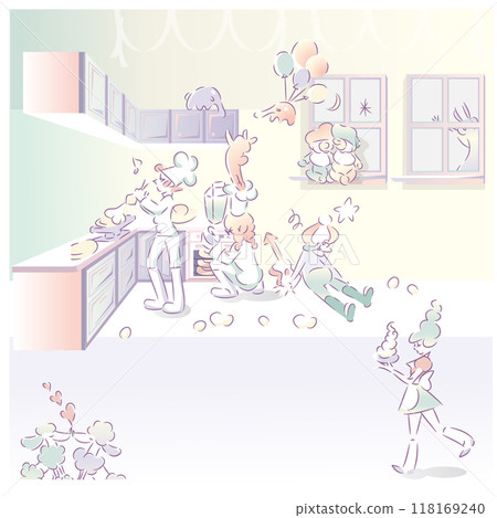 People having a fun home party. A cook baking pies in the kitchen, a waitress serving drinks. 01 118169240