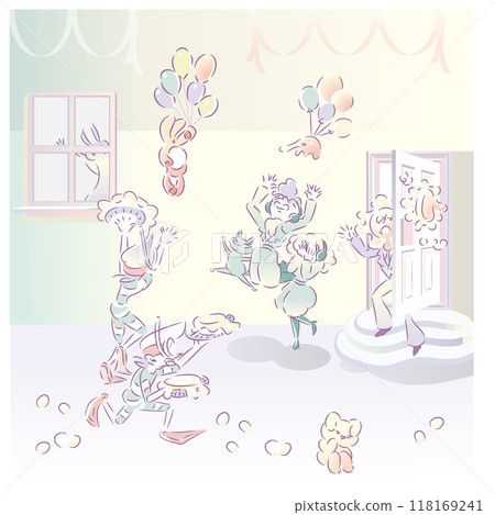 People and pets having a fun home party. Pie throwing game. Comic book style touch. Vector illustration 118169241