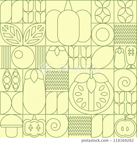 Bauhaus vegetable abstract. Geometric line drawing. Vegetables and fruits seamless pattern bauhaus. Natural flower plant with simple shape, abstract eco farming concept. Vector minimal banner 118169262