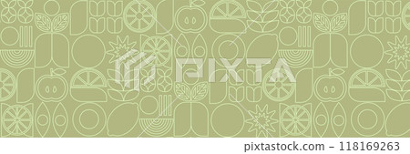Bauhaus vegetable abstract. Geometric line drawing. Vegetables and fruits seamless pattern bauhaus. Natural flower plant with simple shape, abstract eco farming concept. Vector minimal banner Bauhaus vegetable abstract. Geometric line drawing. Vegetables and fruits seamless pattern bauhaus. Natural flower plant with simple shape, abstract eco farming concept. Vector minimal banner 118169263