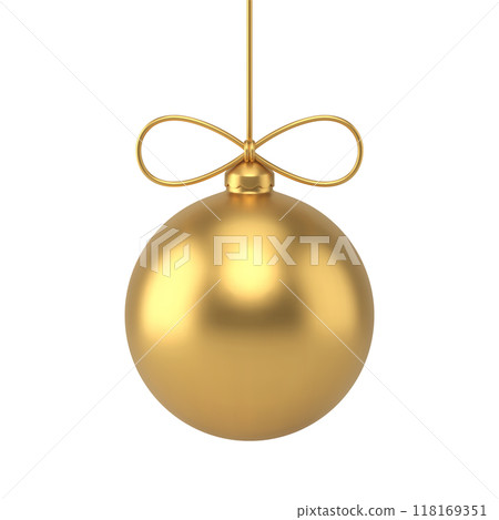 Gold Christmas tree decor sphere bauble hanged on rope with bow 3d realistic vector illustration 118169351