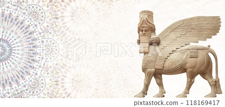 Grunge background with stucco texture, ancient tile ornament and stone statue of lamassu. Horizontal banner with assyrian protective deity - human-headed winged bull. Copy space for text 118169417