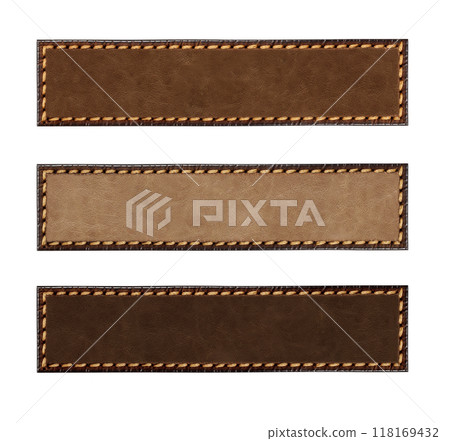 Set of leather belt of brown color. Collection of leather tags with decorative borders. Isolated on white background 118169432