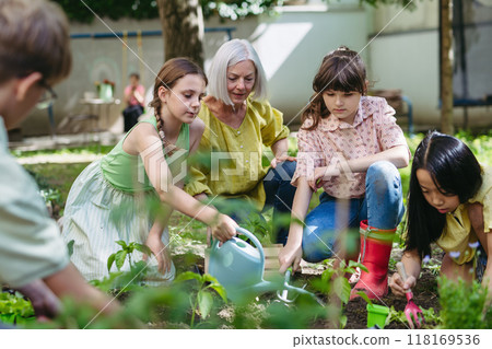 Young kids taking care of plants in school garden during at outdoor sustainable education class, planting flowers, herbs and vegetables. Concept of experiential learning and ecoliteracy. Young kids taking care of plants in school garden during at outdoor sustainable education class, planting flowers, herbs and vegetables. Concept of experiential learning and ecoliteracy. 118169536