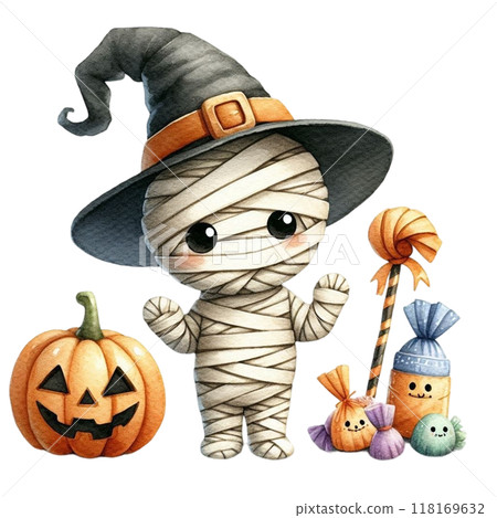Cute mummy with Halloween clipart watercolor Cute mummy with Halloween clipart watercolor 118169632