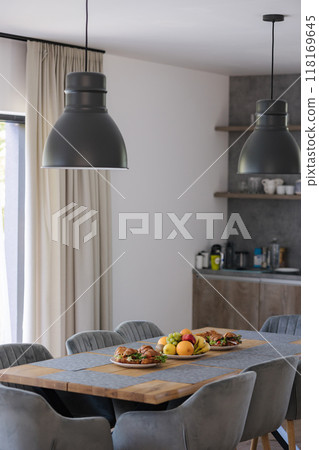 Delicious French breakfast of wooden table at home. Healthy food for family. Fruits and vegetables. Croissants  118169645