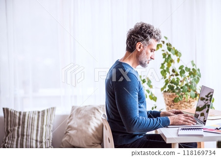 Side view of man working on computer from home. Telecommuting, homeoffice for handsome man. with copy space. Side view of man working on computer from home. Telecommuting, homeoffice for handsome man. with copy space. 118169734