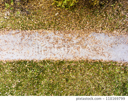 Aerial view of autumn running path, jogging trail with fallen leaves in park. Running training, no people. Aerial view of autumn running path, jogging trail with fallen leaves in park. Running training, no people. 118169799