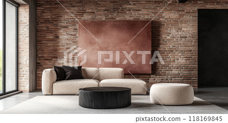 Modern loft apartment interiors with chic industrial design, artistic accents and cozy ambiance 118169845