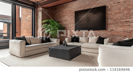 Modern loft apartment interiors with chic industrial design, artistic accents and cozy ambiance Modern loft apartment interiors with chic industrial design, artistic accents and cozy ambiance 118169846