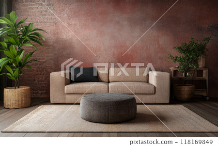 Modern loft apartment interiors with chic industrial design, artistic accents and cozy ambiance Modern loft apartment interiors with chic industrial design, artistic accents and cozy ambiance 118169849