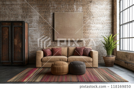 Modern loft apartment interiors with chic industrial design, artistic accents and cozy ambiance Modern loft apartment interiors with chic industrial design, artistic accents and cozy ambiance 118169850