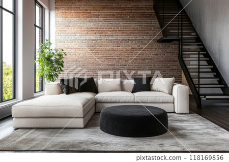 Modern loft apartment interiors with chic industrial design, artistic accents and cozy ambiance 118169856