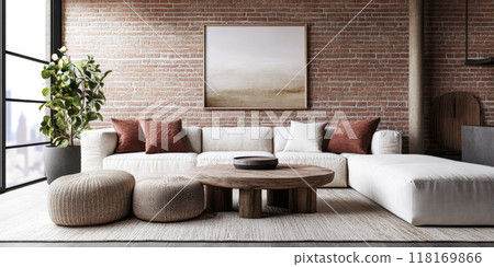 Modern loft apartment interiors with chic industrial design, artistic accents and cozy ambiance 118169866