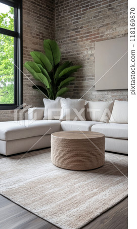 Modern loft apartment interiors with chic industrial design, artistic accents and cozy ambiance 118169870