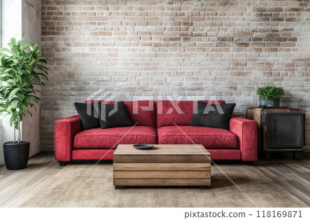 Modern loft apartment interiors with chic industrial design, artistic accents and cozy ambiance Modern loft apartment interiors with chic industrial design, artistic accents and cozy ambiance 118169871