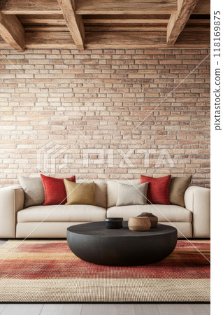 Modern loft apartment interiors with chic industrial design, artistic accents and cozy ambiance 118169875