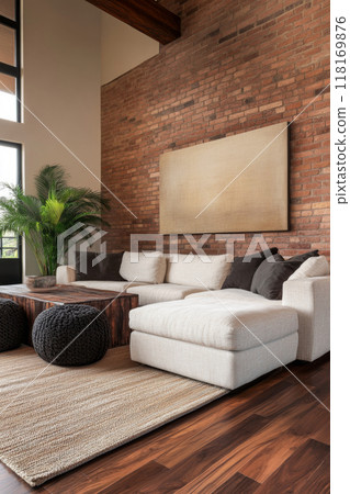 Modern loft apartment interiors with chic industrial design, artistic accents and cozy ambiance Modern loft apartment interiors with chic industrial design, artistic accents and cozy ambiance 118169876