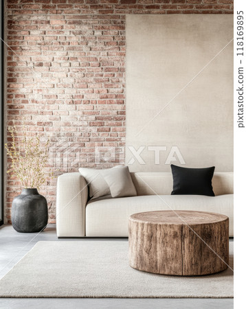 Modern loft apartment interiors with chic industrial design, artistic accents and cozy ambiance 118169895