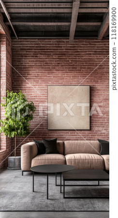 Modern loft apartment interiors with chic industrial design, artistic accents and cozy ambiance 118169900