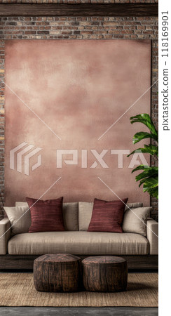 Modern loft apartment interiors with chic industrial design, artistic accents and cozy ambiance 118169901