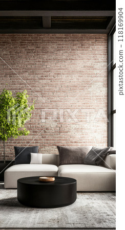 Modern loft apartment interiors with chic industrial design, artistic accents and cozy ambiance 118169904