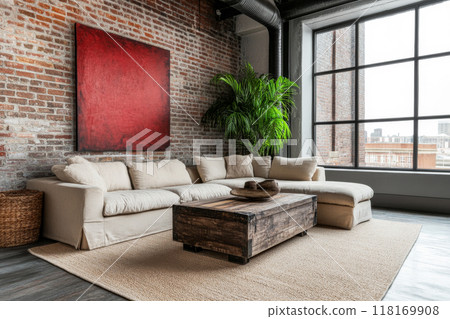 Modern loft apartment interiors with chic industrial design, artistic accents and cozy ambiance 118169908